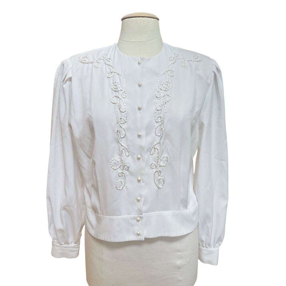 Pierre Cardin Womens M Vtg White Pearl‎ Cord Accent Button Up Old Money Academia